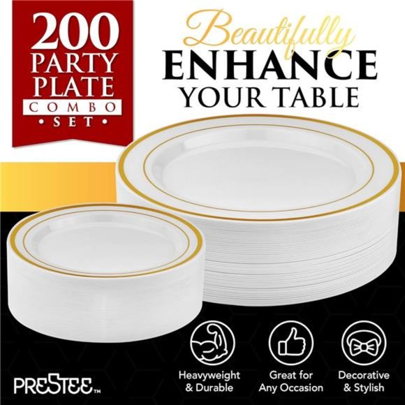 200pc Gold Plastic Plates -100Dinner Plates & 100 Salad Plates,White+Gold-Rimmed - Picture 3 of 7